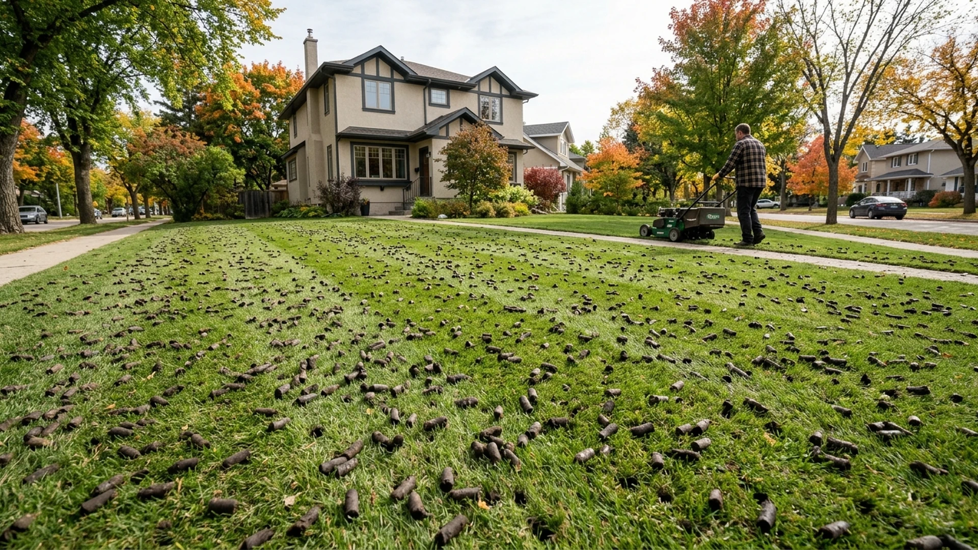 Core aeration plugs scattered on a Winnipeg lawn showing the treatment that addresses clay soil compaction