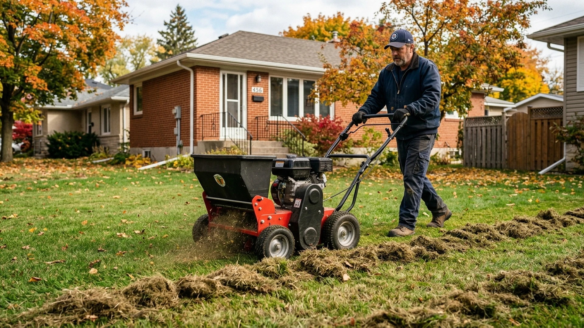 Powered dethatcher being operated on a Winnipeg lawn in early fall pulling up thatch material