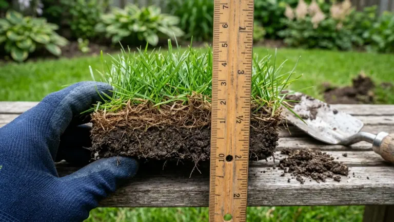 Dethatching Winnipeg measuring thatch layer depth in lawn turf cross-section