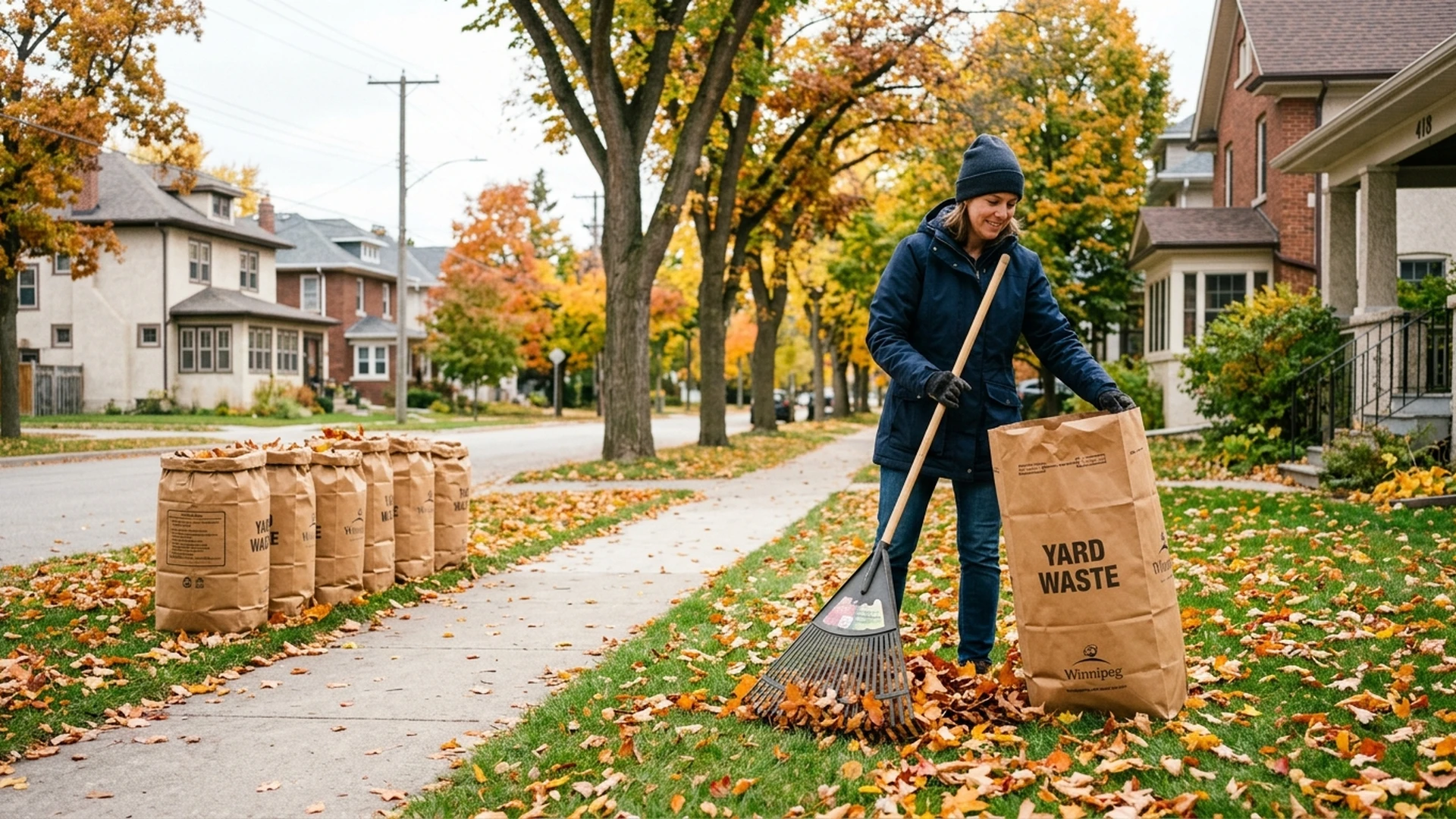 Homeowner raking fall leaves into paper yard waste bags on a Winnipeg residential lawn