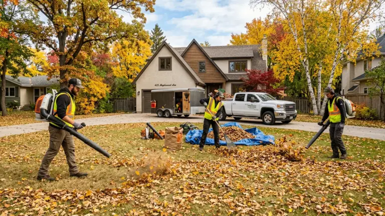 Fall cleanup Winnipeg professional crew clearing leaves from residential lawn and garden beds
