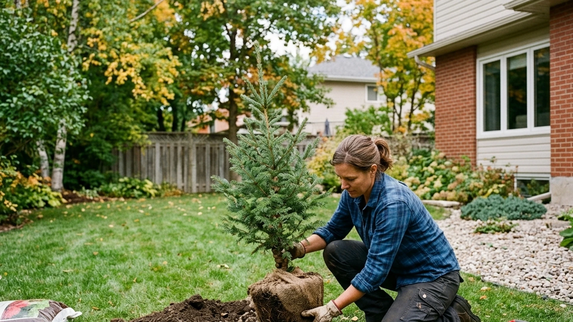 Evergreen spruce tree being planted in early September in Winnipeg showing earlier fall planting window than deciduous trees