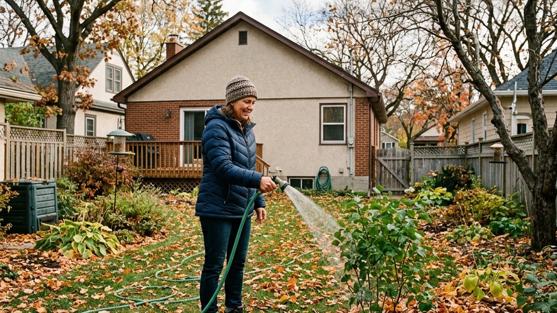 Homeowner watering newly planted shrub in Winnipeg yard in October before ground freezes as part of fall establishment care