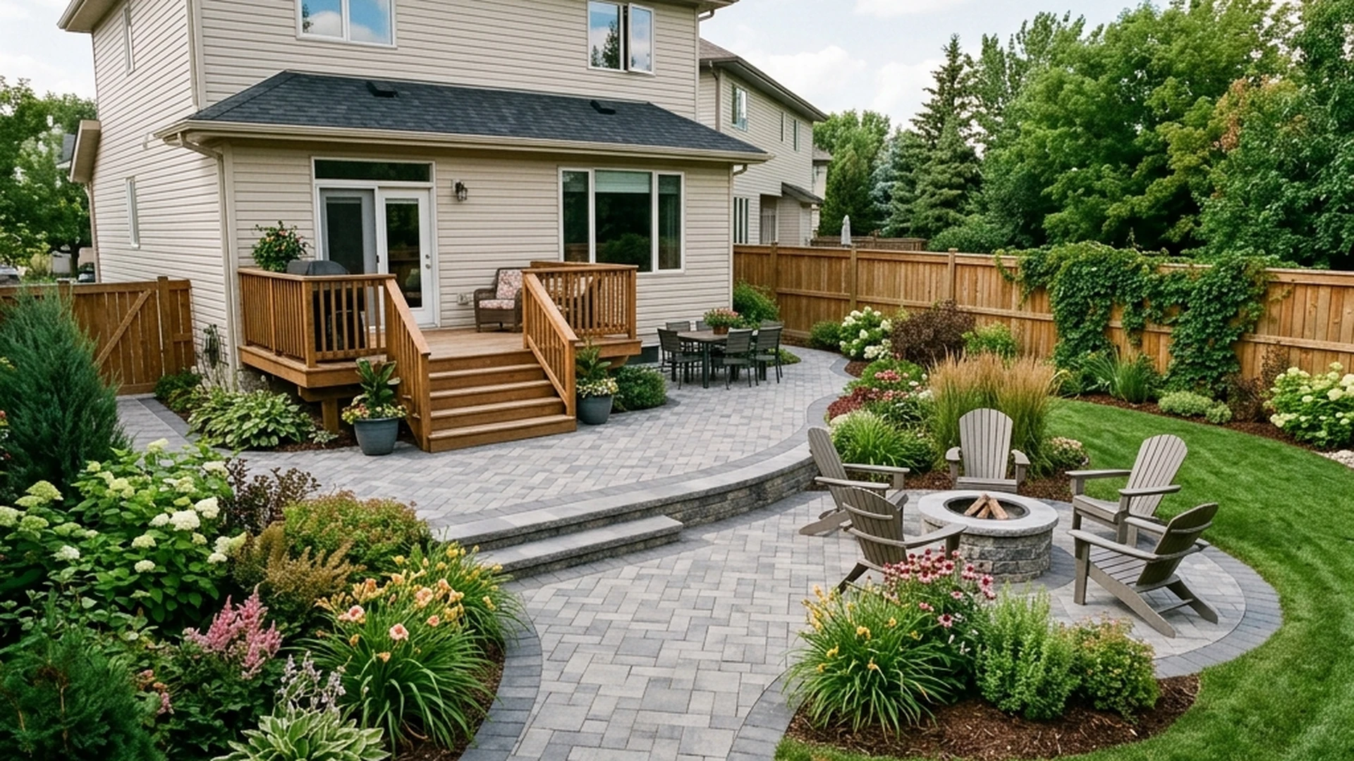 Completed Winnipeg residential landscape project showing patio drainage and planting all working together under one design