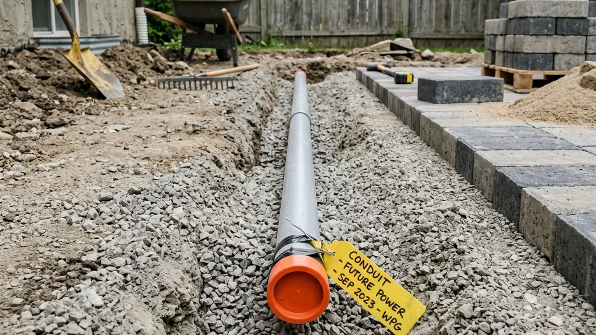 Empty conduit sleeve installed under a Winnipeg patio during construction reserving capacity for future lighting circuit