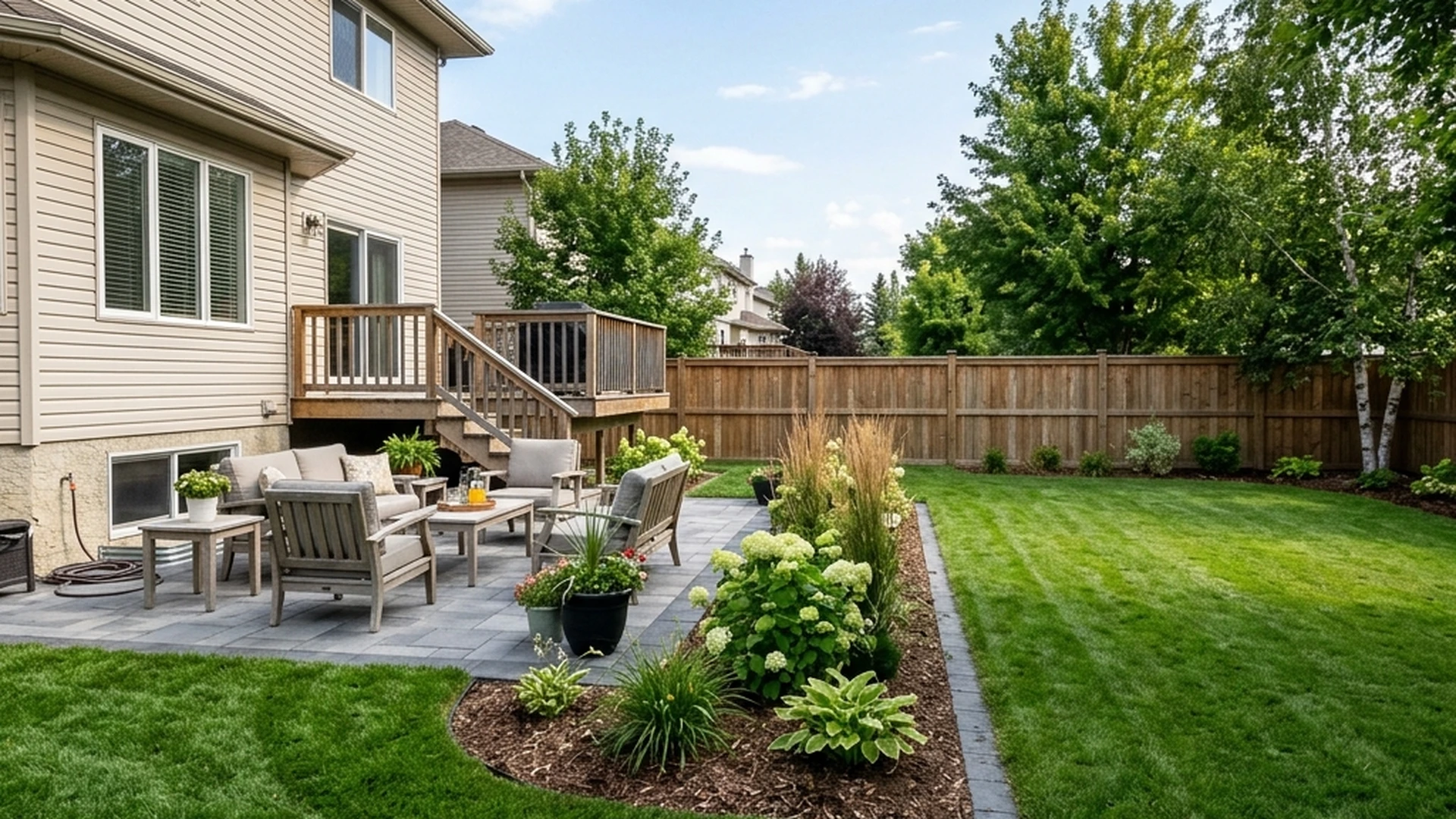 Winnipeg backyard showing completed first phase of a master plan with patio built and space reserved for future pool addition