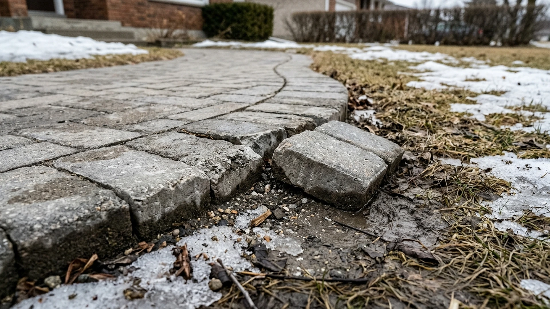 Chipped interlocking paver edge damaged by snow removal equipment on a Winnipeg property in spring