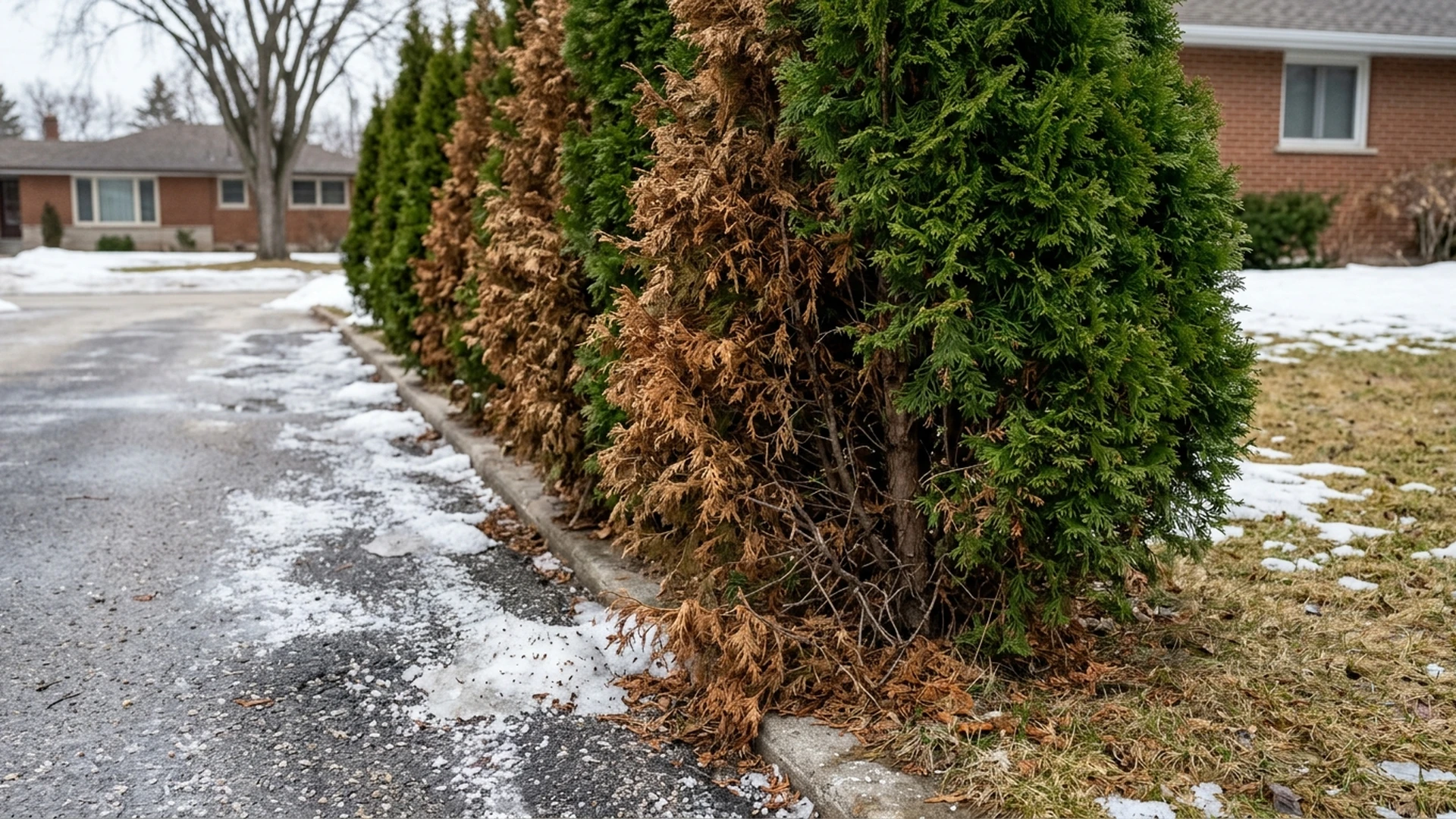 Evergreen shrubs along a Winnipeg driveway edge showing browning needle damage from salt exposure
