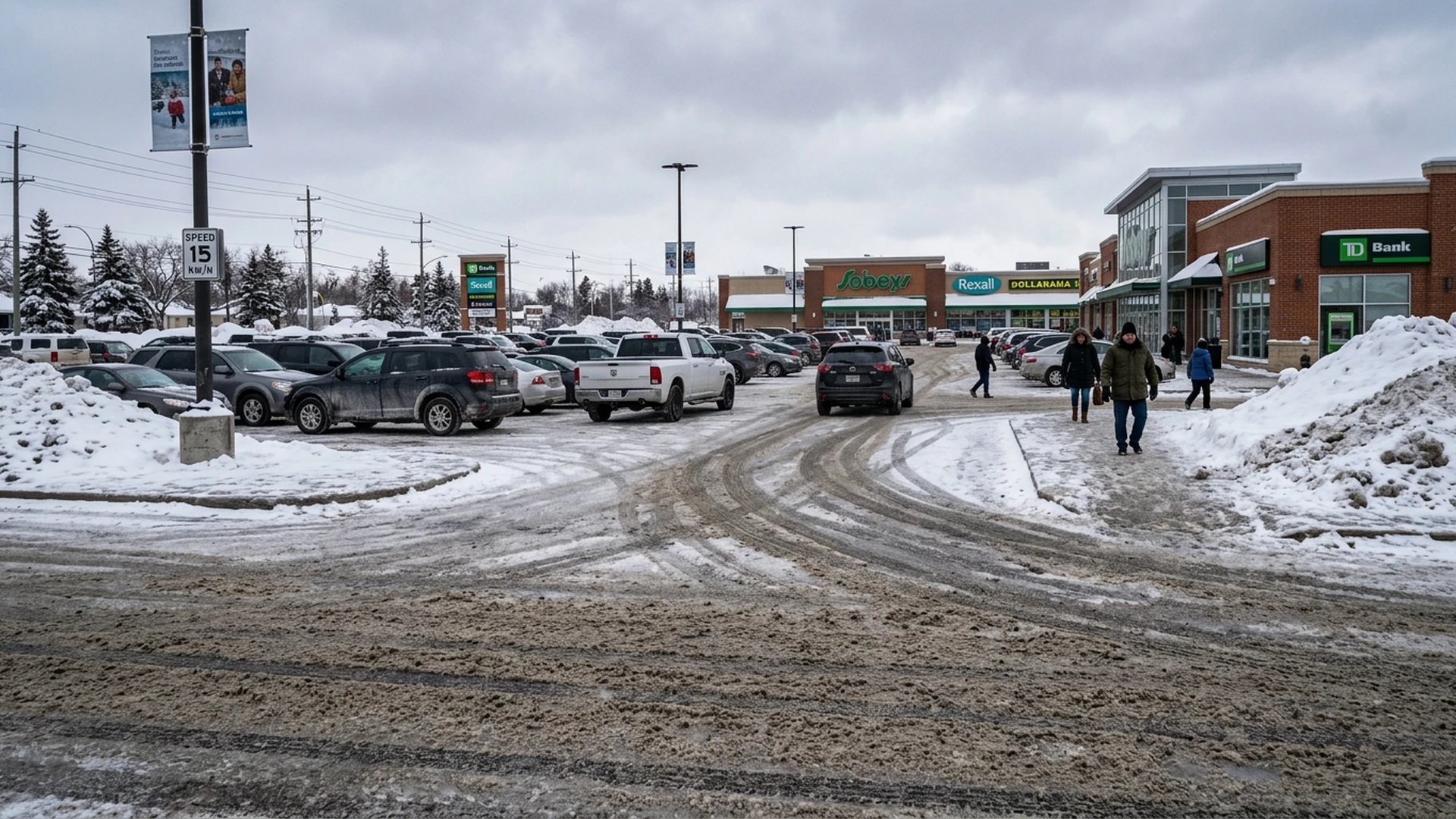 Commercial parking lot in Winnipeg treated with sand for traction during winter ice conditions