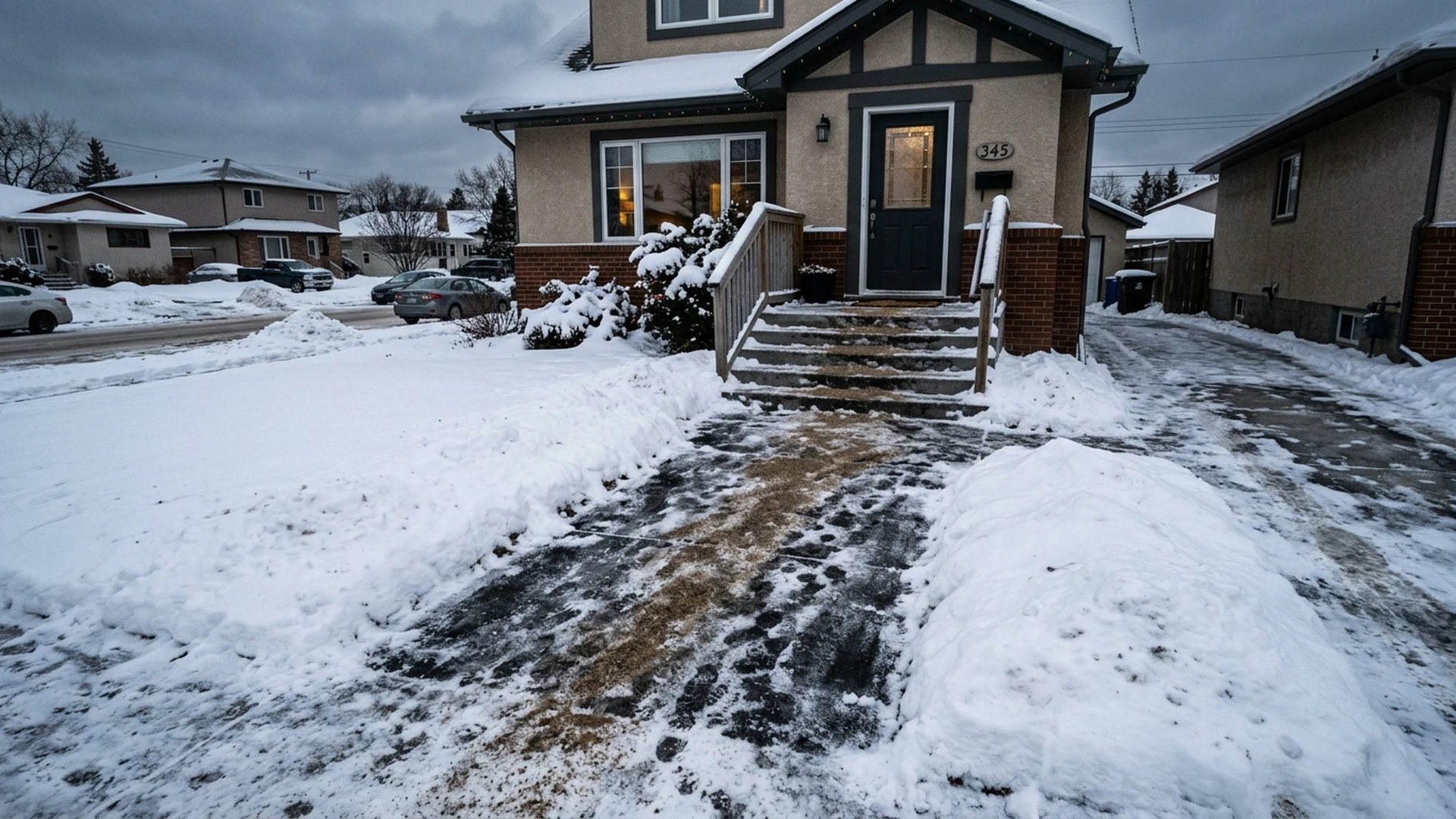 Winnipeg residential steps and entry walkway sanded for safe footing during winter refreeze conditions