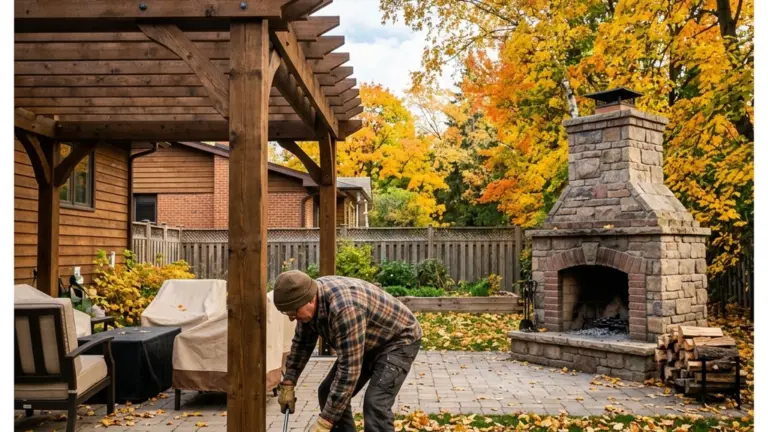 Winterizing landscape investment Winnipeg pergola and fireplace pre-freeze checklist in fall backyard