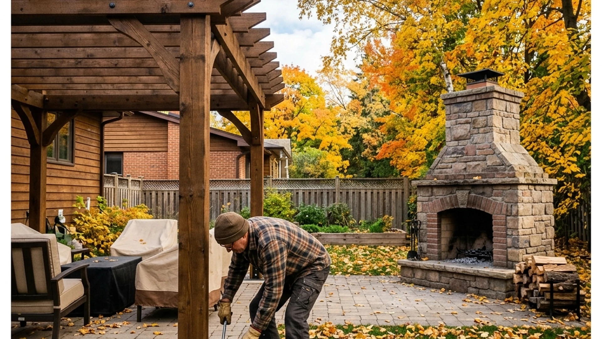 Winterizing landscape investment Winnipeg pergola and fireplace pre-freeze checklist in fall backyard