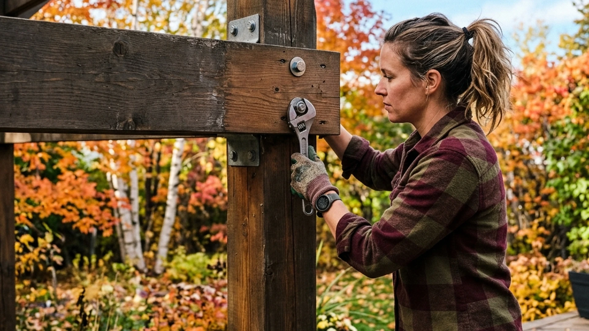 Homeowner inspecting and tightening bolted connection on Winnipeg pergola post before winter as part of fall hardware check