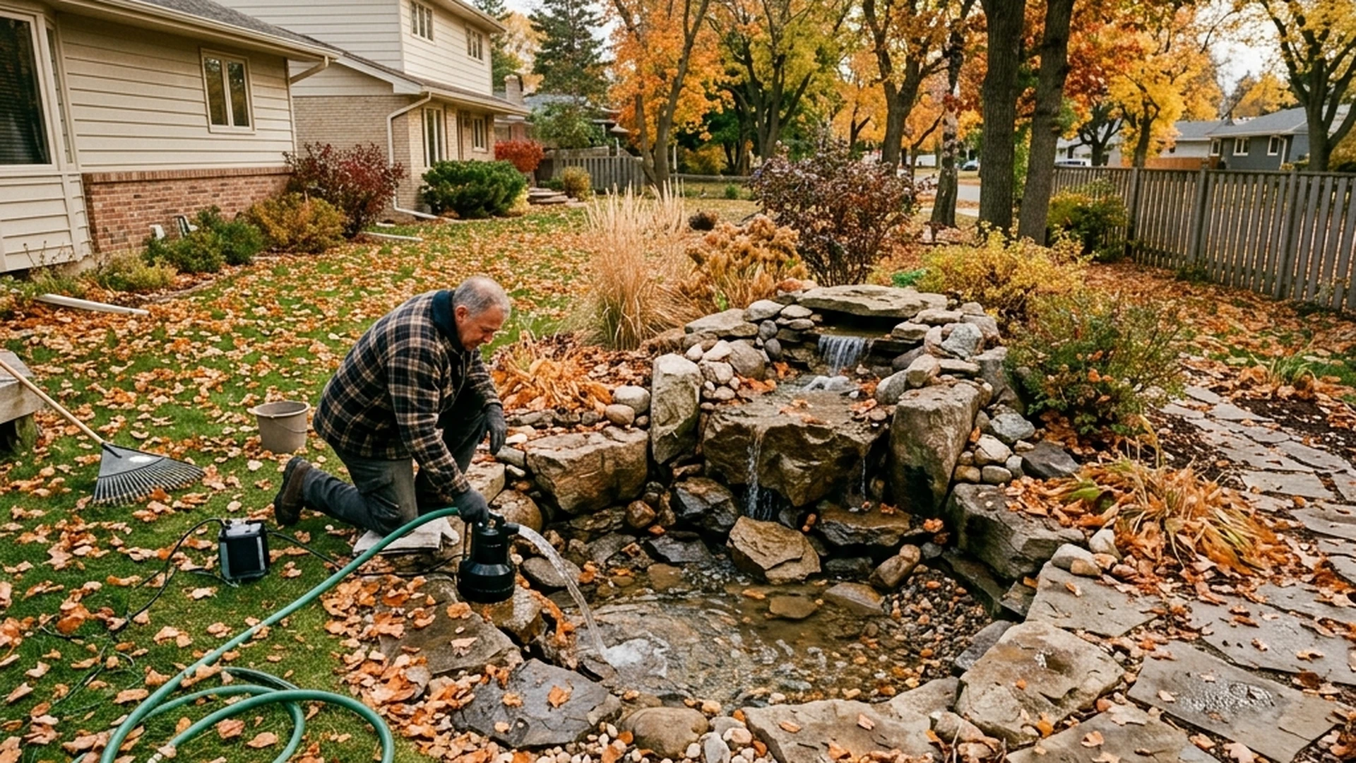 Winnipeg water feature and pond being drained and prepared for winter in fall before hard freeze with fallen leaves nearby