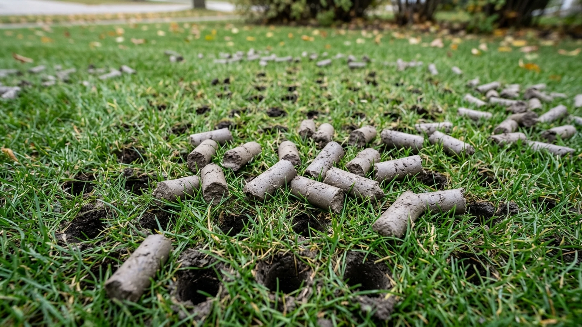 Close view of core aeration plugs and open holes in a Winnipeg lawn showing clay soil