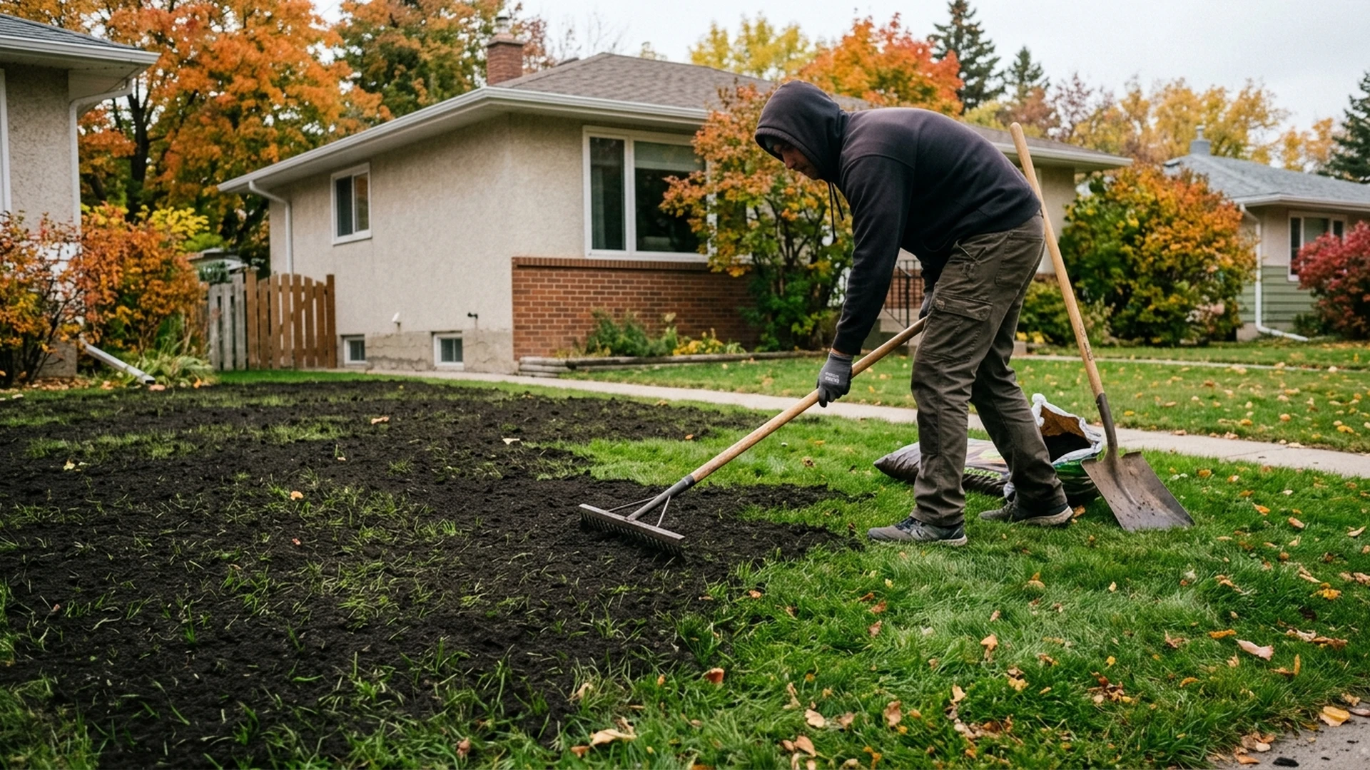 Thin layer of screened topdressing soil being spread across a Winnipeg lawn in fall