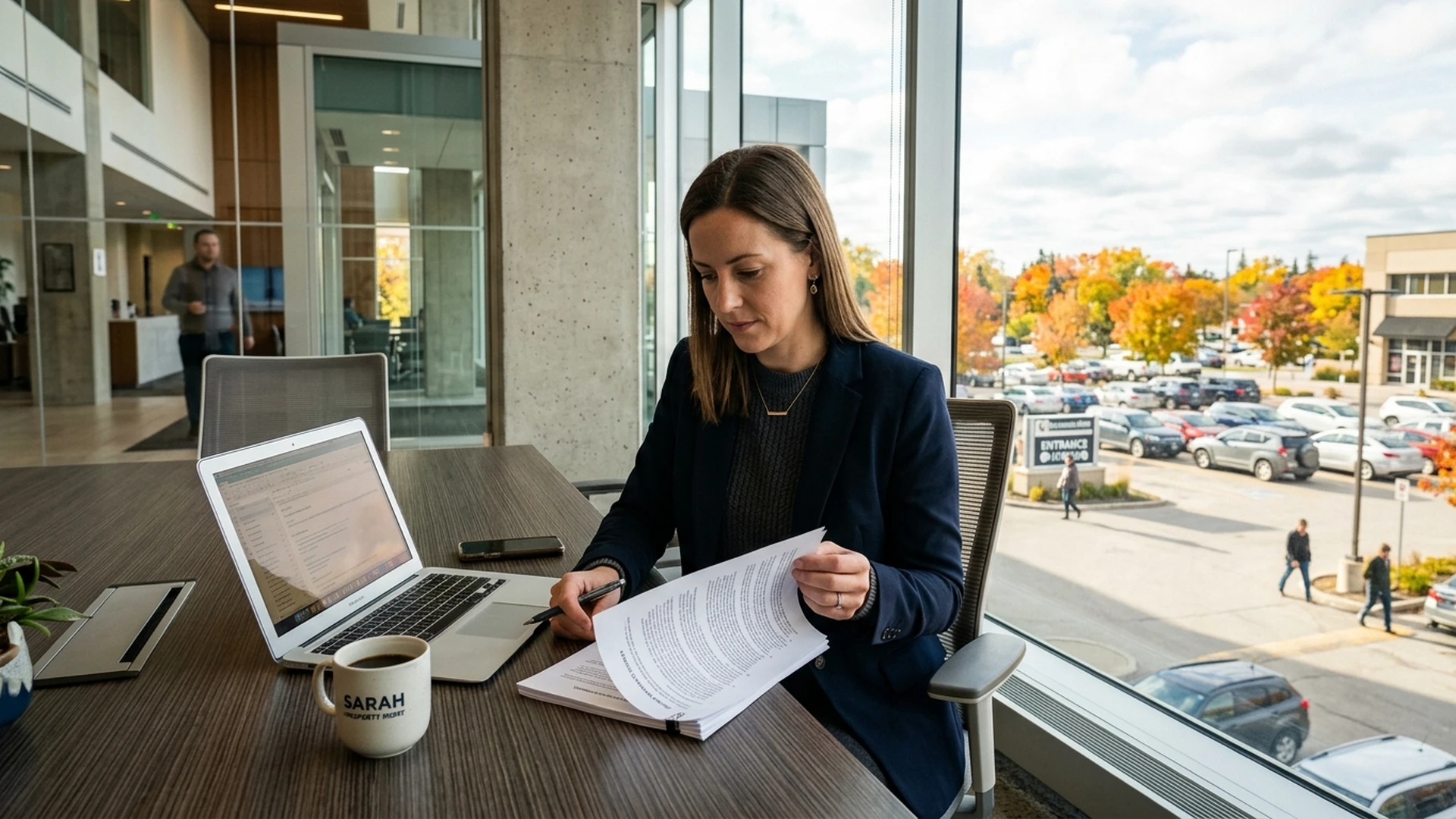 Property manager reviewing a year-round grounds maintenance contract at a Winnipeg commercial building