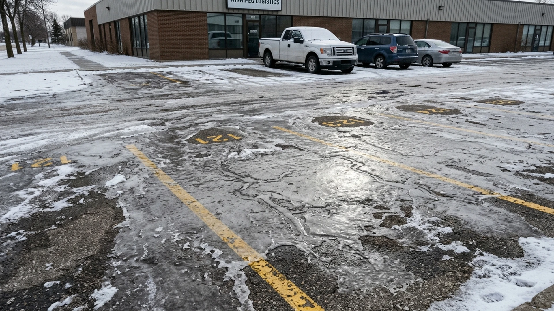 Refrozen ice layer across a Winnipeg commercial parking lot after a freeze-thaw cycle