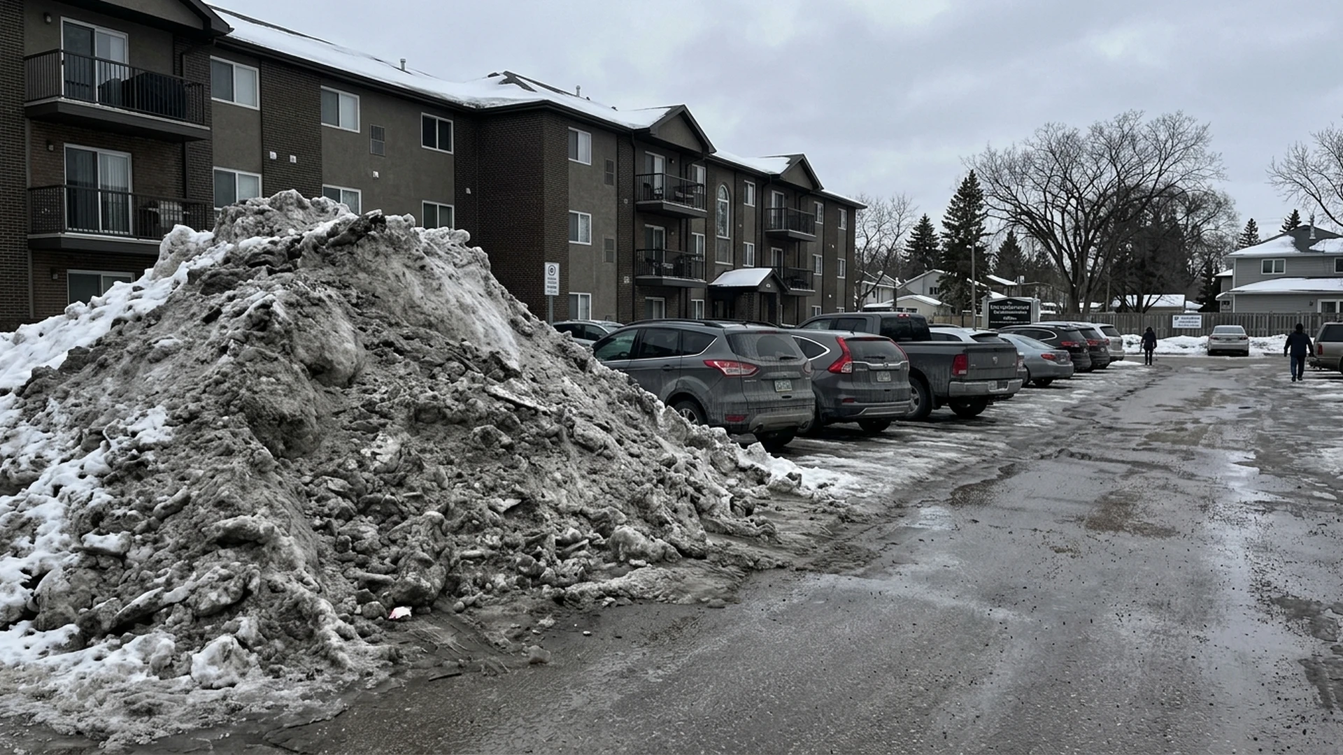 Large accumulated snow pile at the edge of a Winnipeg condo parking area in late winter