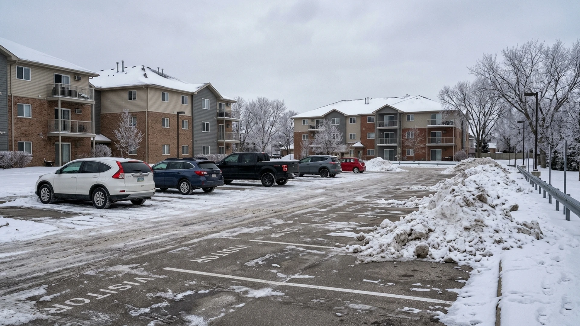 Visitor parking stalls at a Winnipeg condo property partly occupied by accumulated snow piles