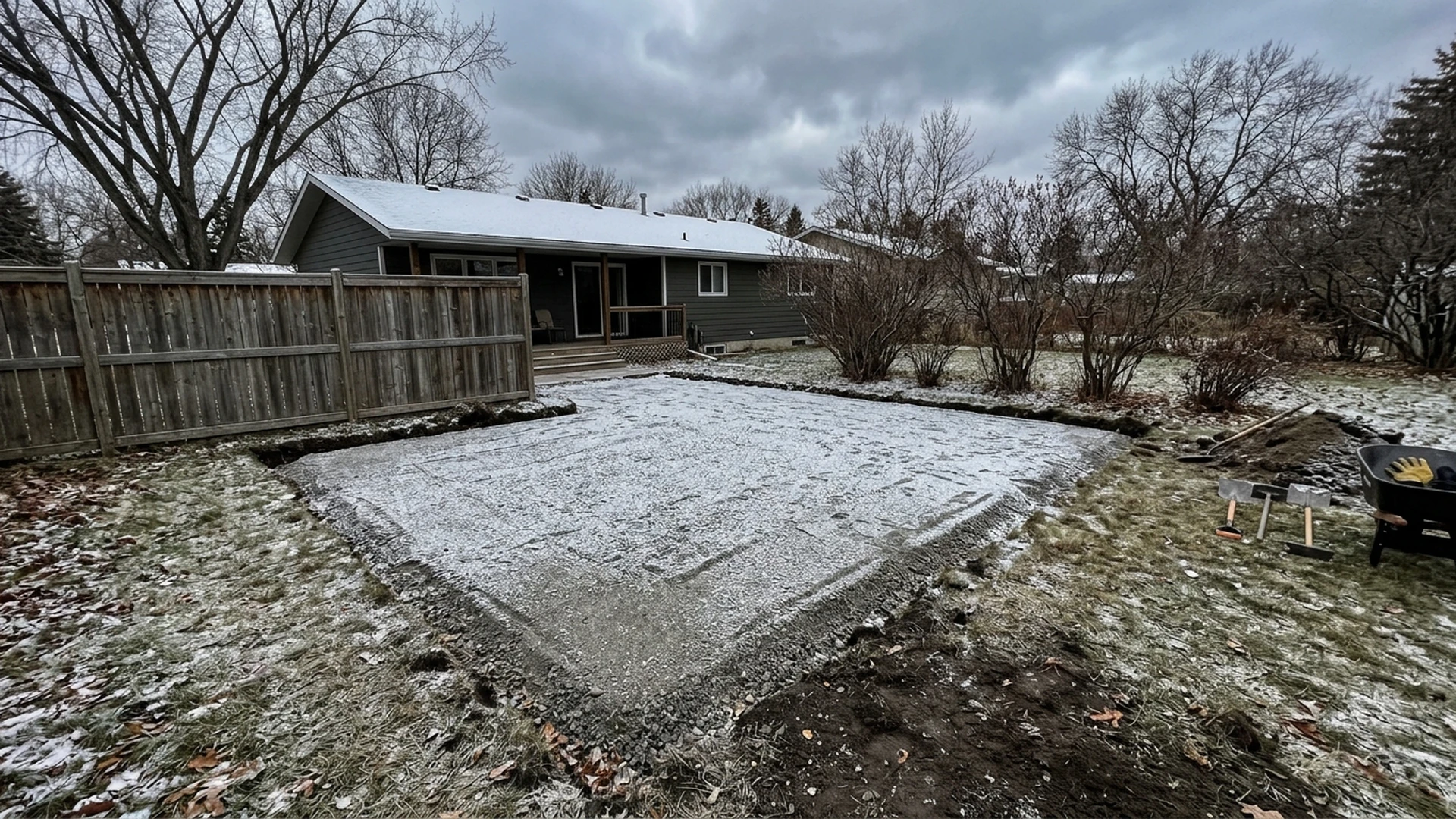 Completed compacted granular base left through winter on a Winnipeg property before spring paver installation