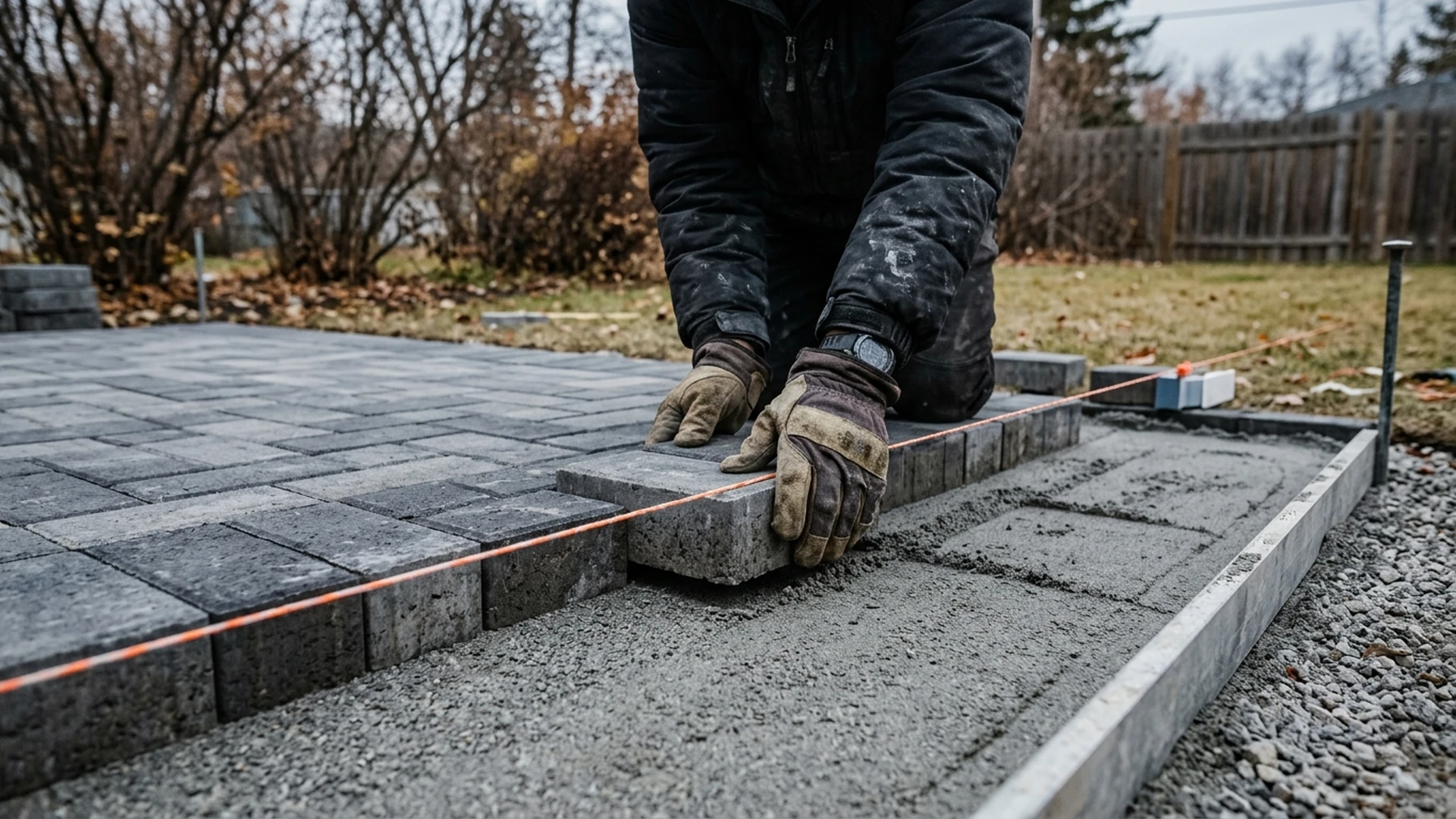 Interlocking pavers being laid on a prepared base in cool late-fall conditions in Winnipeg