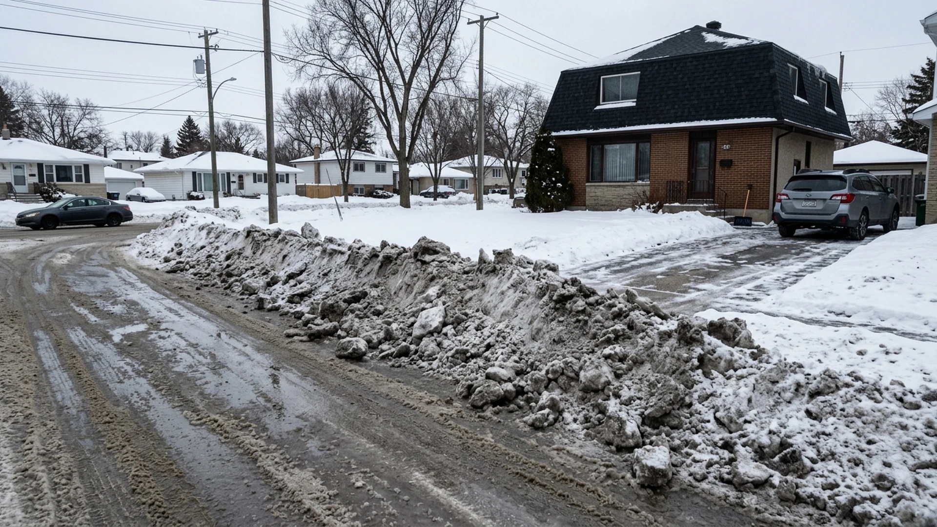 City plow windrow of packed snow blocking the end of a cleared Winnipeg driveway