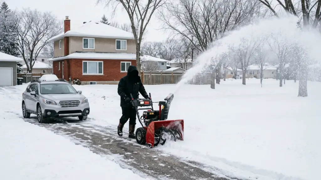 A snow blower clearing a Winnipeg driveway with its chute aimed toward an open private lawn, clear separation from parked cars and windows, daylight, no people nearby