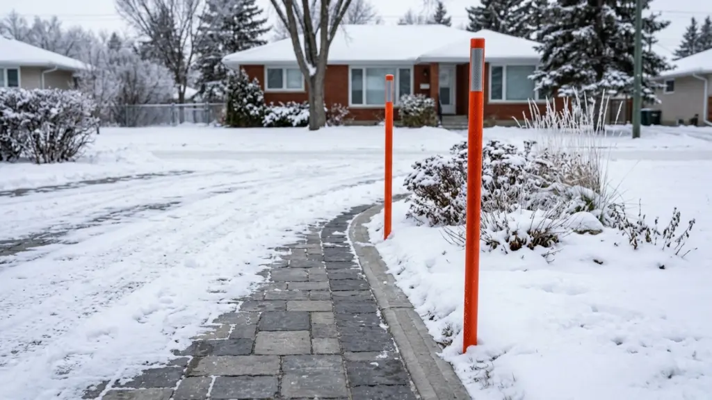 Close view of winter driveway edge stakes beside interlocking pavers and a shallow packed snow base in a Winnipeg residential yard