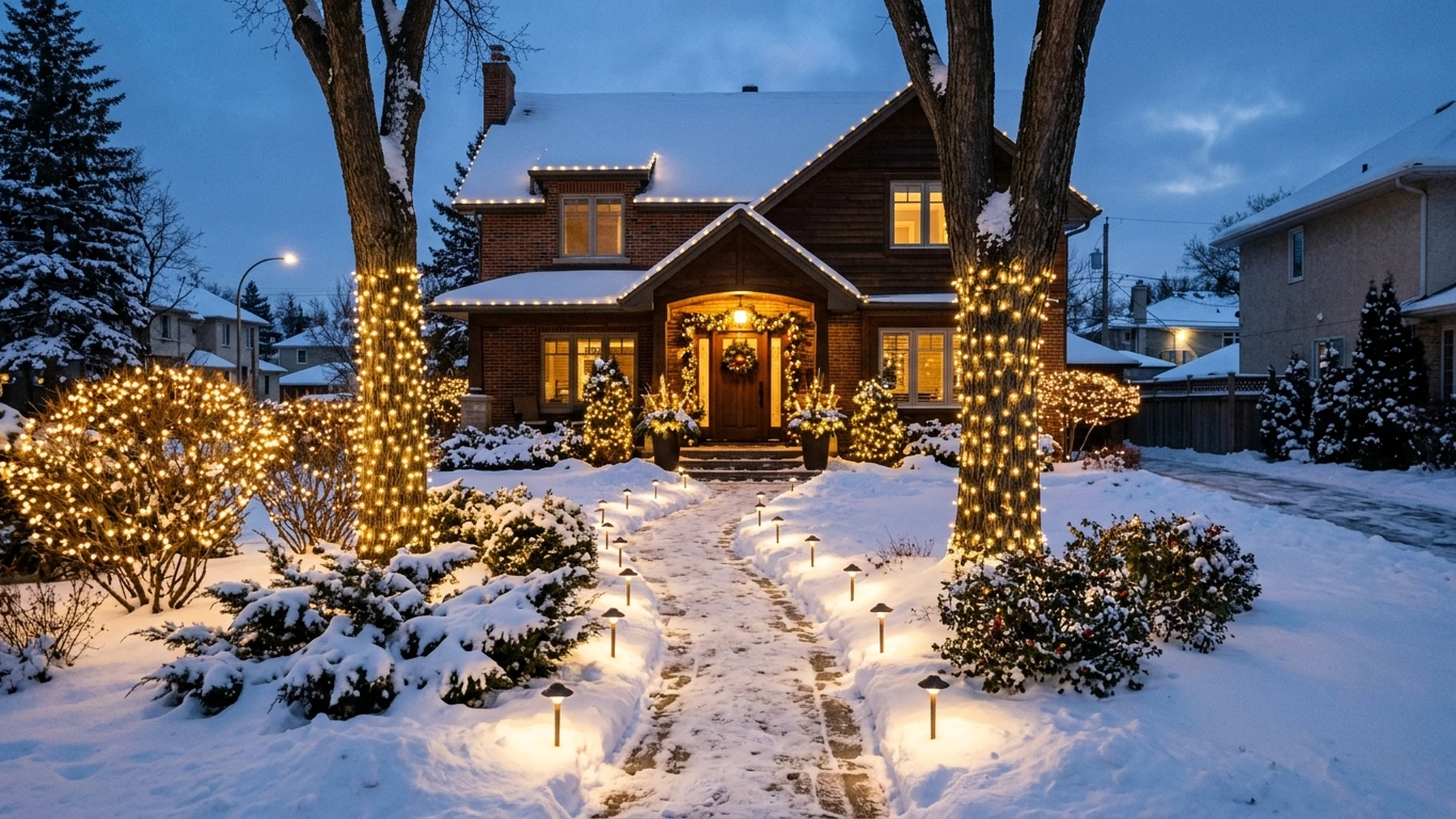 Winnipeg front yard with lit trees pathway lighting and entry features in winter