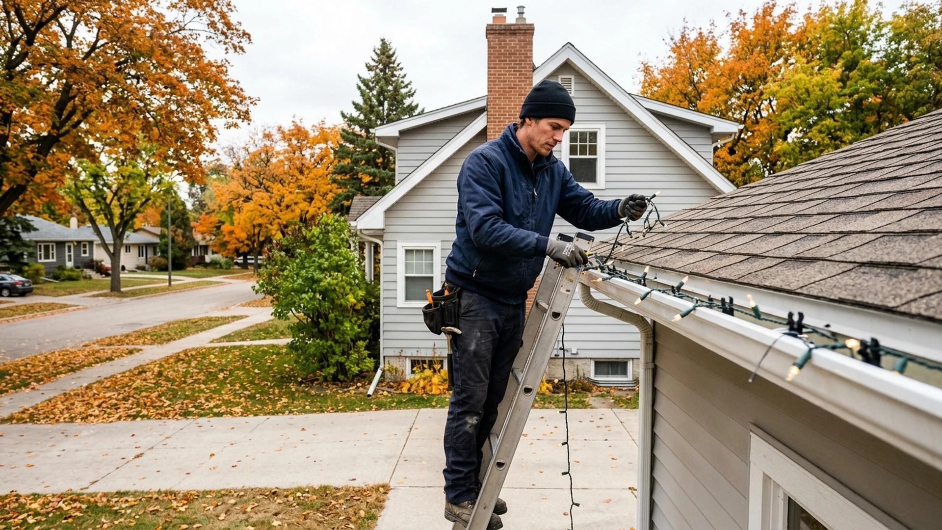 Installer attaching holiday light clips along a Winnipeg roofline in October before snow