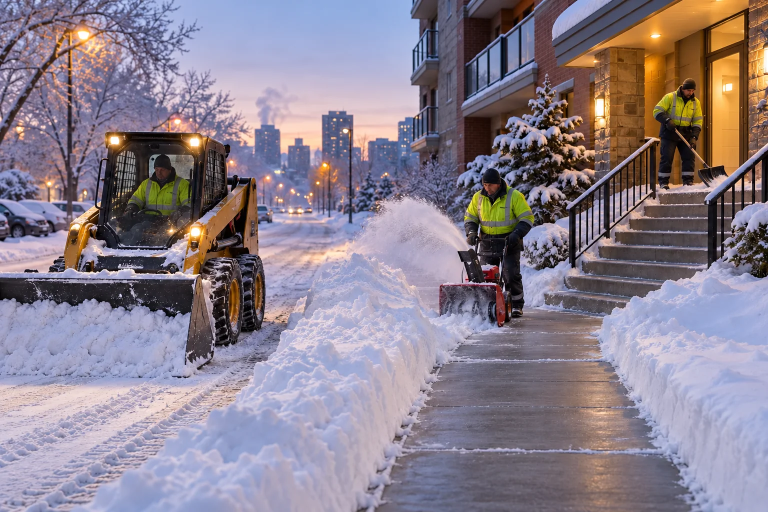 Snow-clearing crew maintaining an apartment walkway and entrance steps