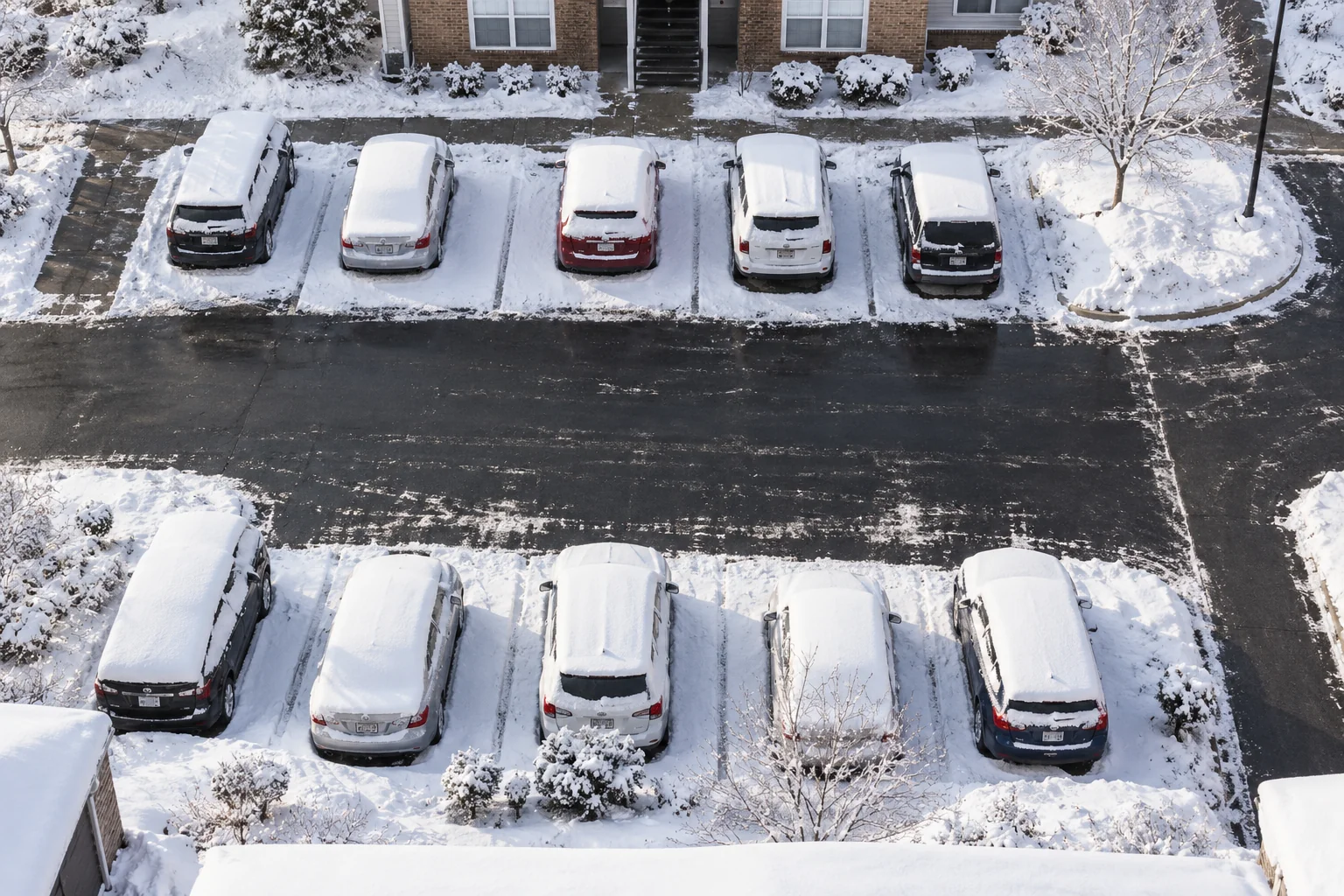 Apartment parking lot with a cleared drive aisle and snow-covered individual stalls