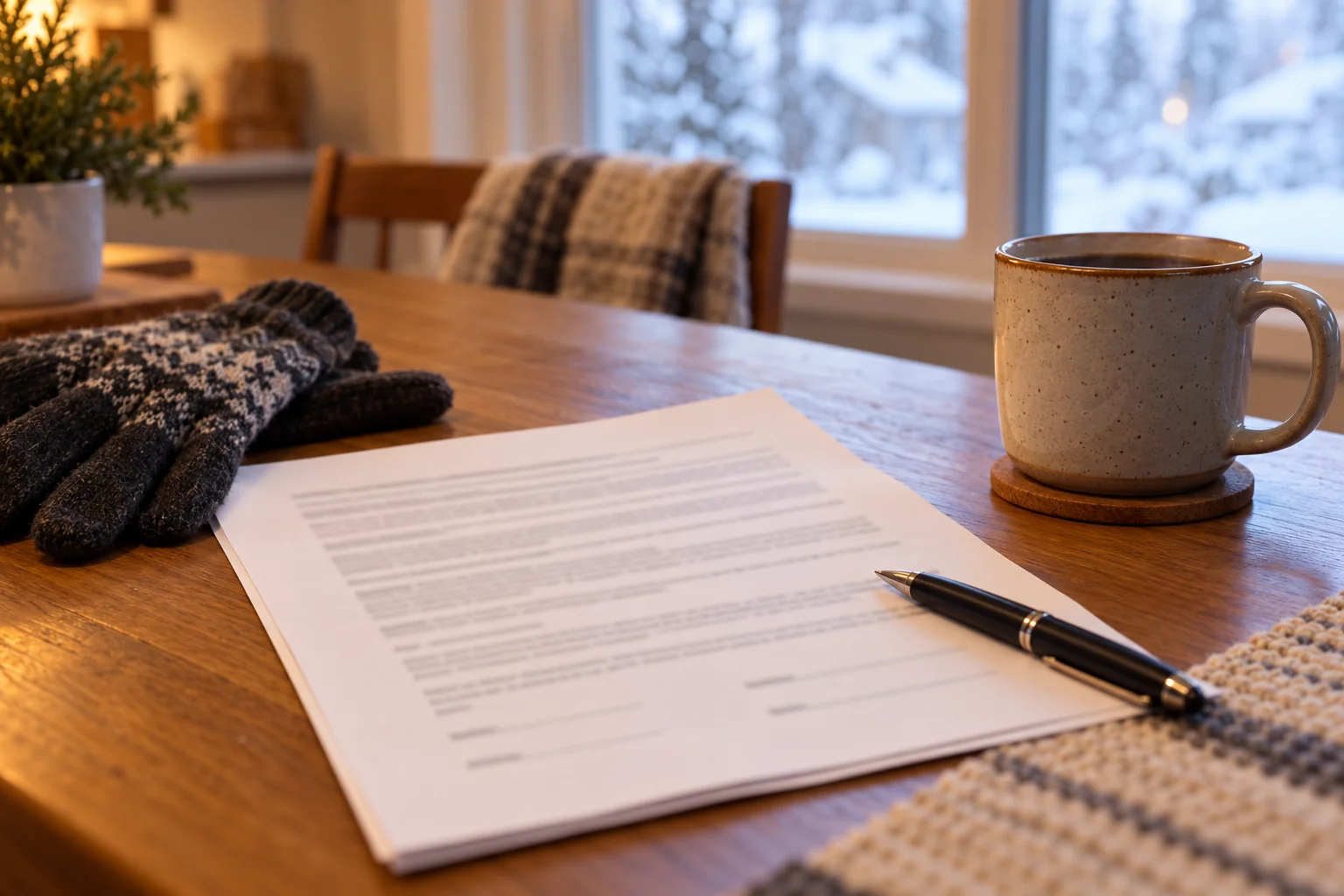 Lease paperwork and winter gloves on a table beside a snowy window
