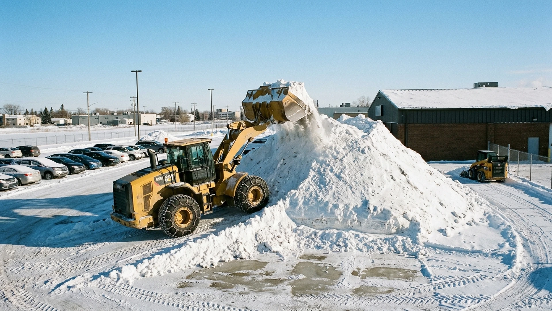Wheel loader stacking a tall snow pile at the edge of a commercial parking lot in mid-winter