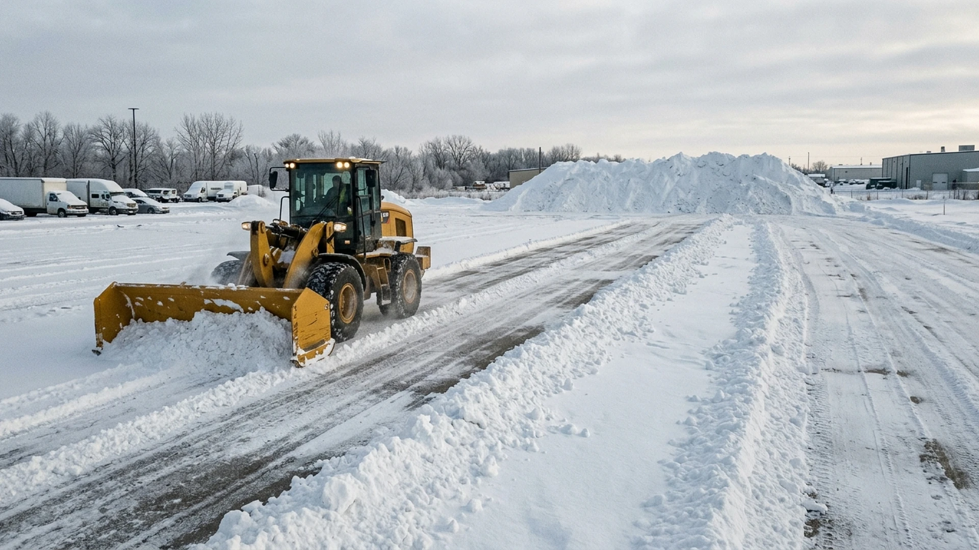 Loader with a box pusher clearing a large commercial parking lot in Winnipeg after a snowfall