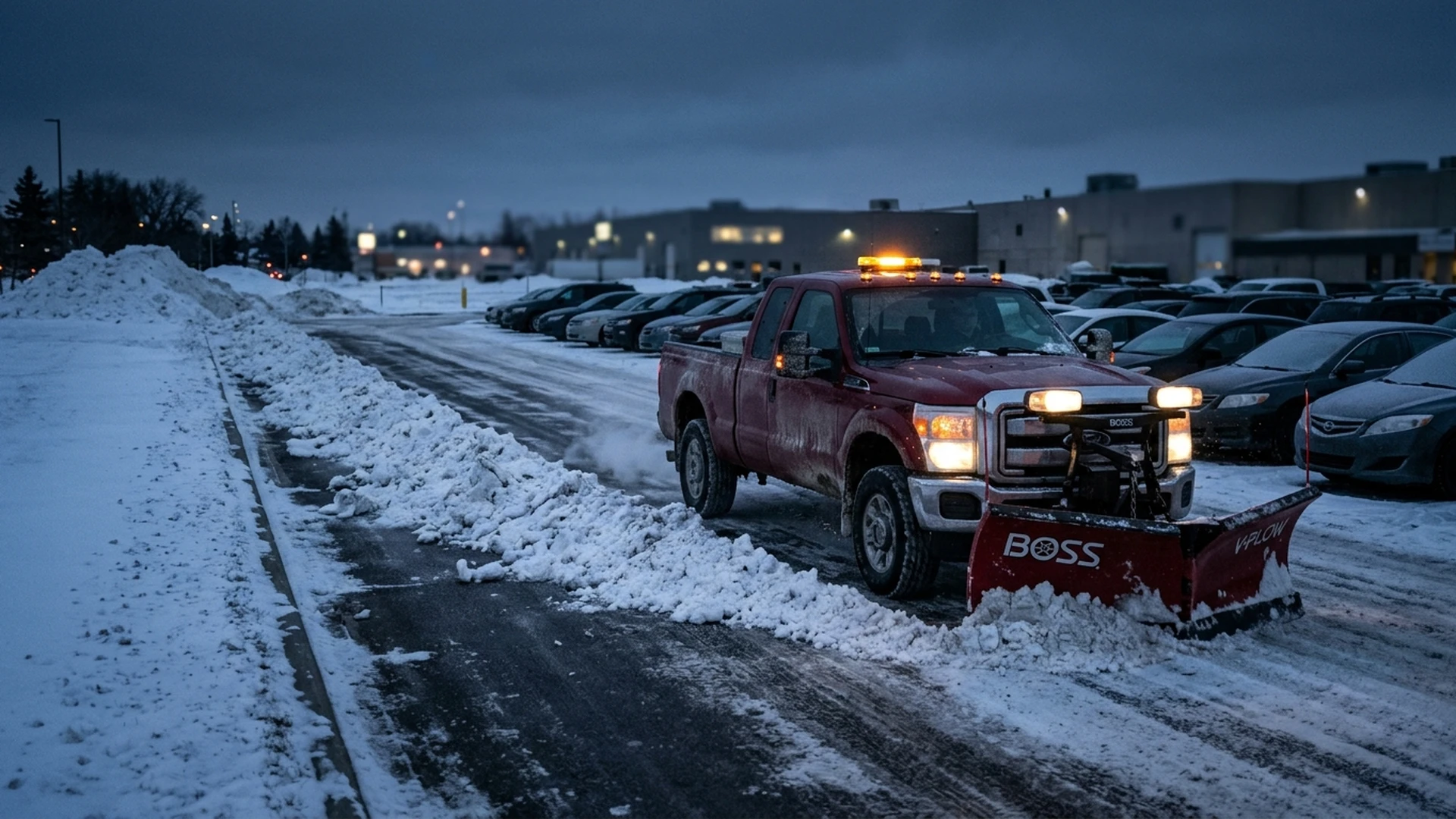 Plow truck pushing snow along a parking lot drive aisle toward a pile location