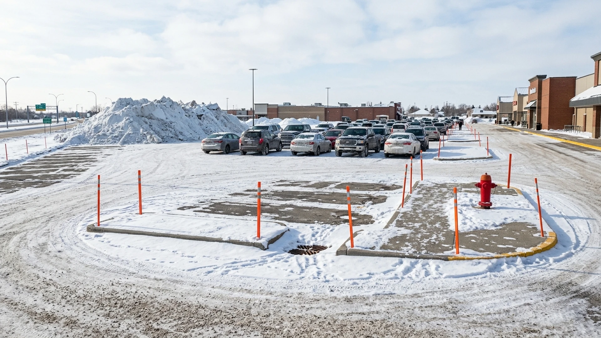 Snow pile staged at the edge of a Winnipeg parking lot with curbs and catch basins marked by stakes