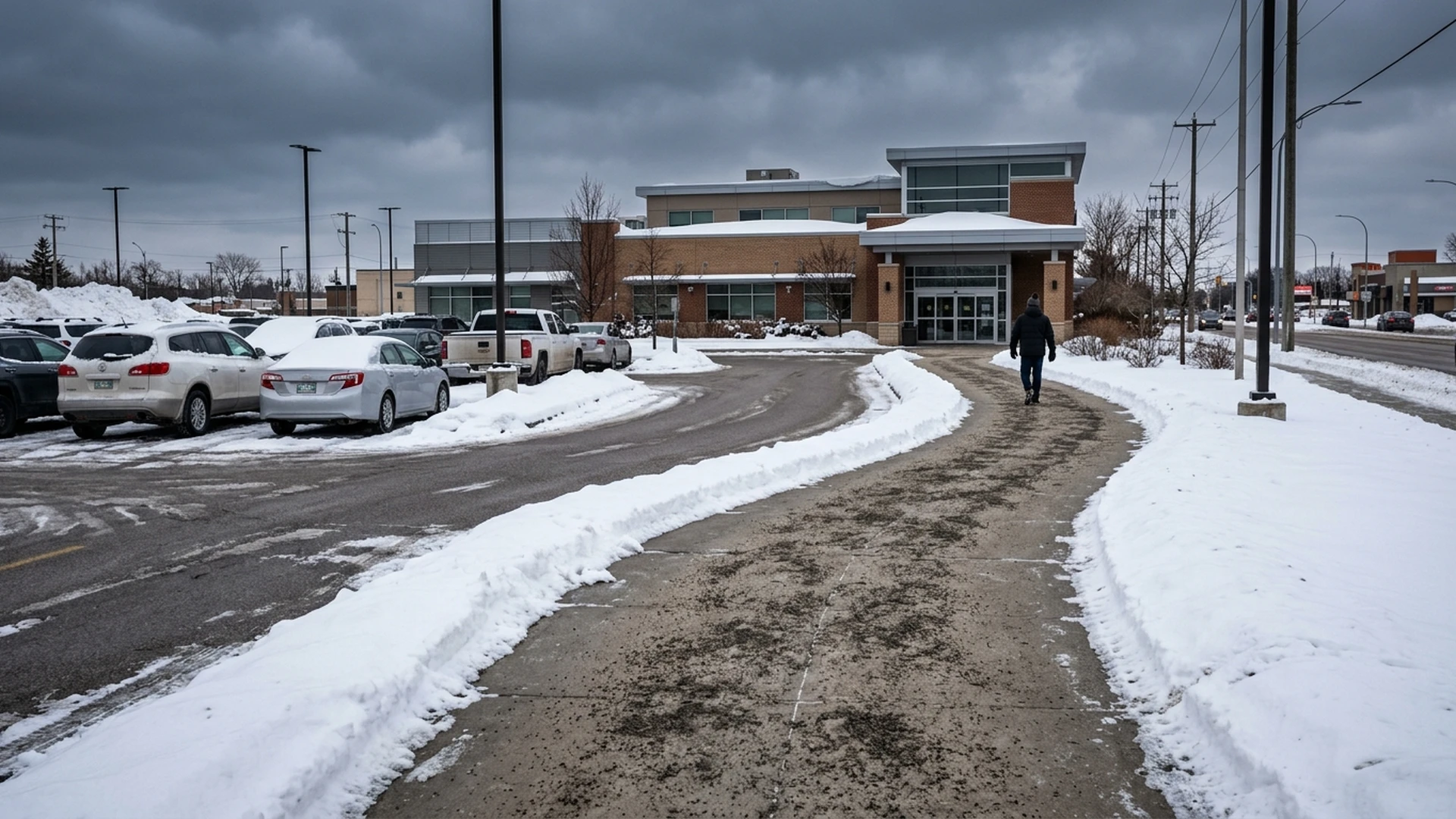 Cleared walkway from parking to the entrance of a Winnipeg commercial building in winter