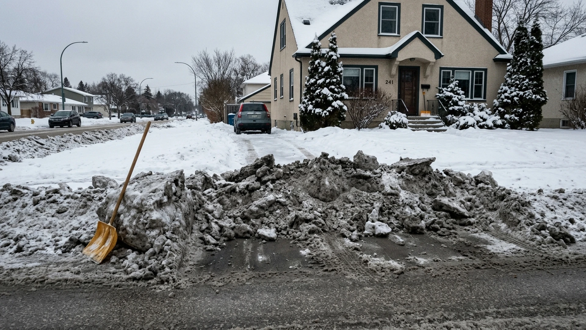 Compacted snow windrow left across a residential driveway approach in Winnipeg